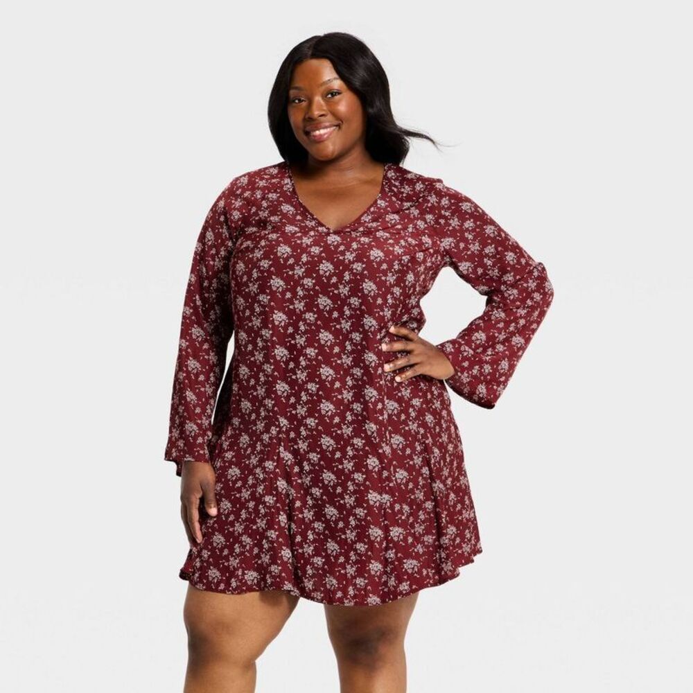 Women's Bell Long Sleeve Godet Mini A-Line Dress - Burgundy Floral 1X